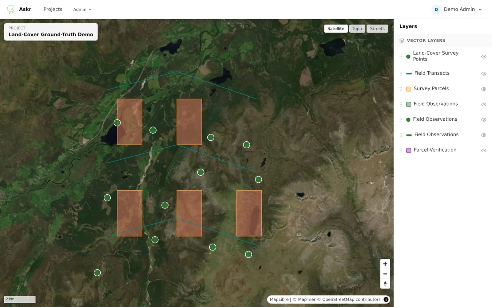Askr project map with satellite imagery, mapped features and layer controls