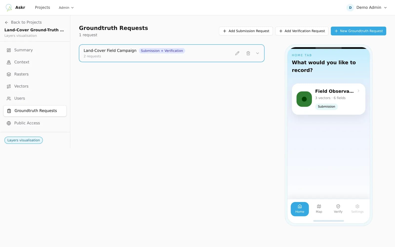 Askr workspace showing a ground-truth request and survey settings