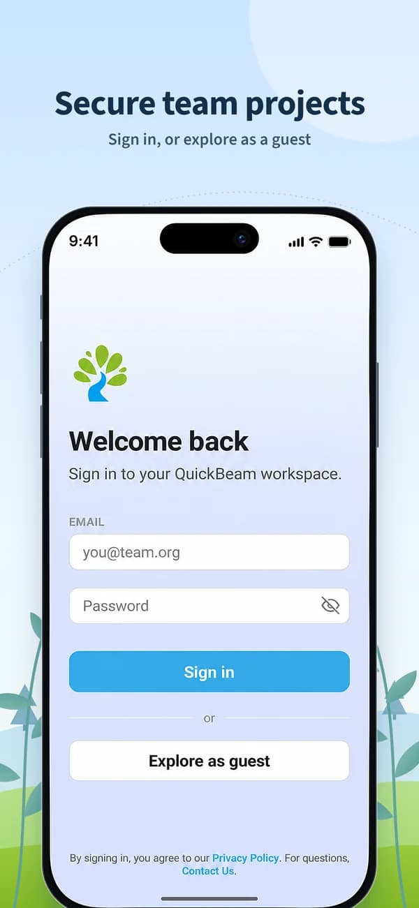 QuickBeam sign-in screen with an option to explore as a guest