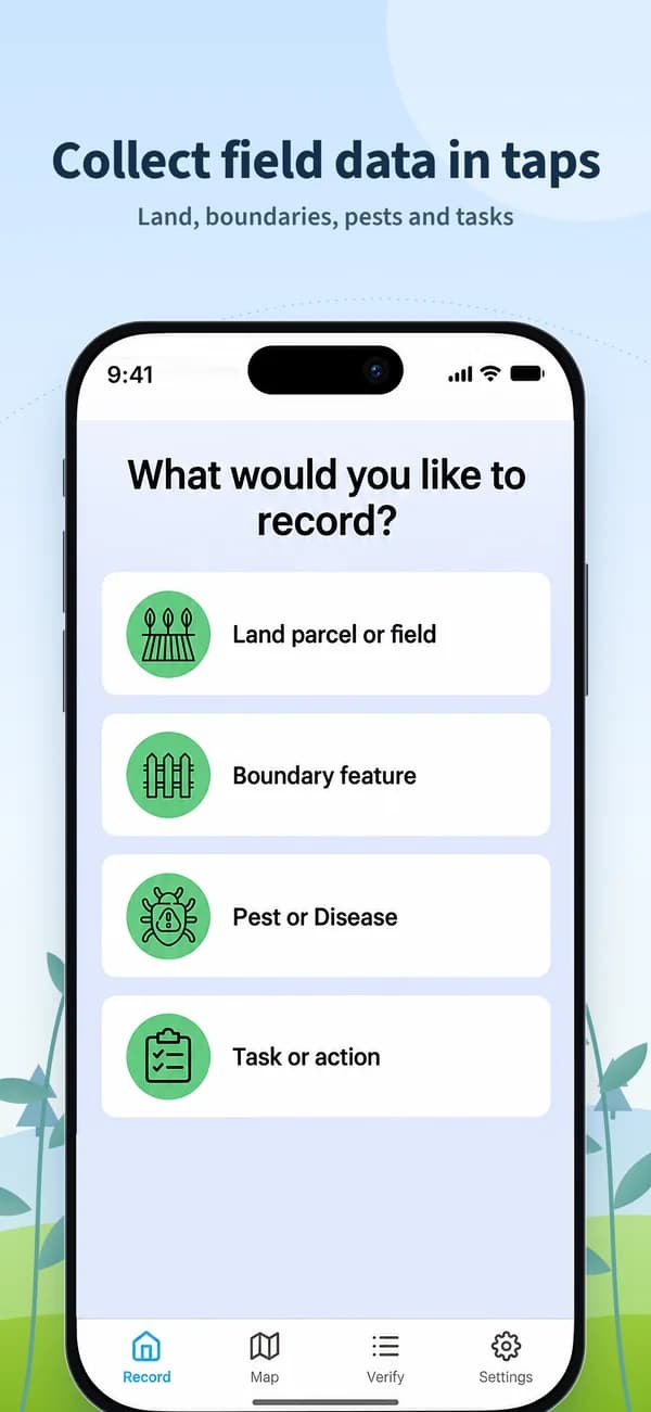 QuickBeam recording screen with land parcels, boundaries, pests and task categories