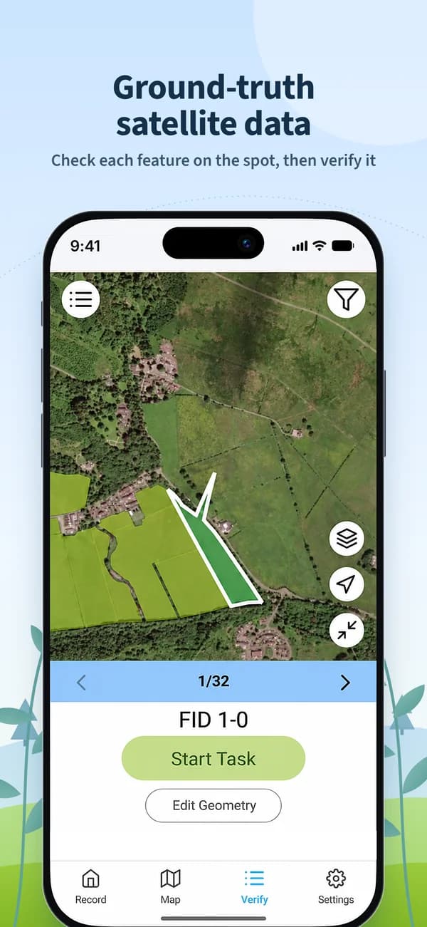 QuickBeam verification screen showing field boundaries over satellite imagery