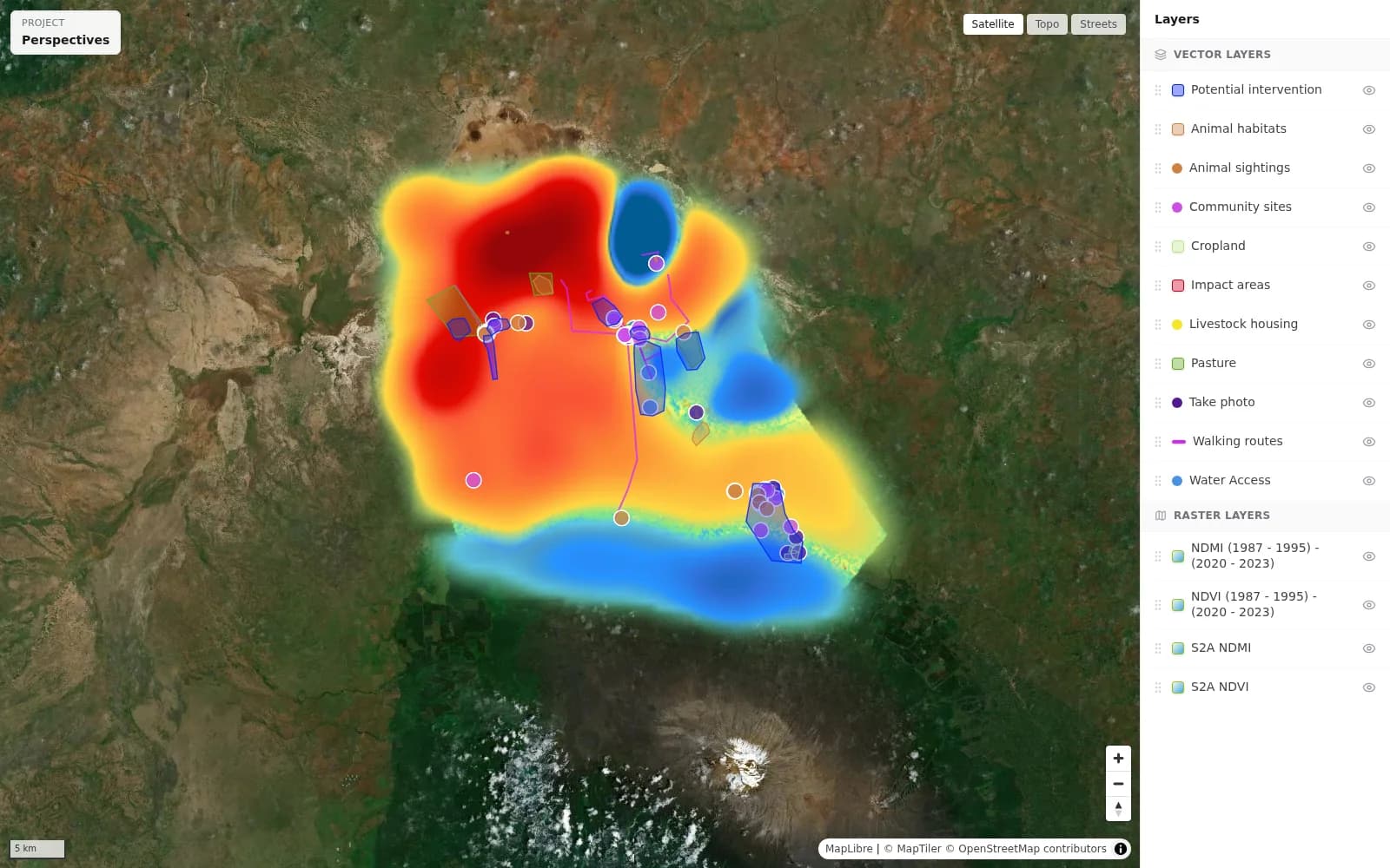 An Askr project map: satellite imagery under a vegetation overlay, with mapped features and a list of vector and raster layers